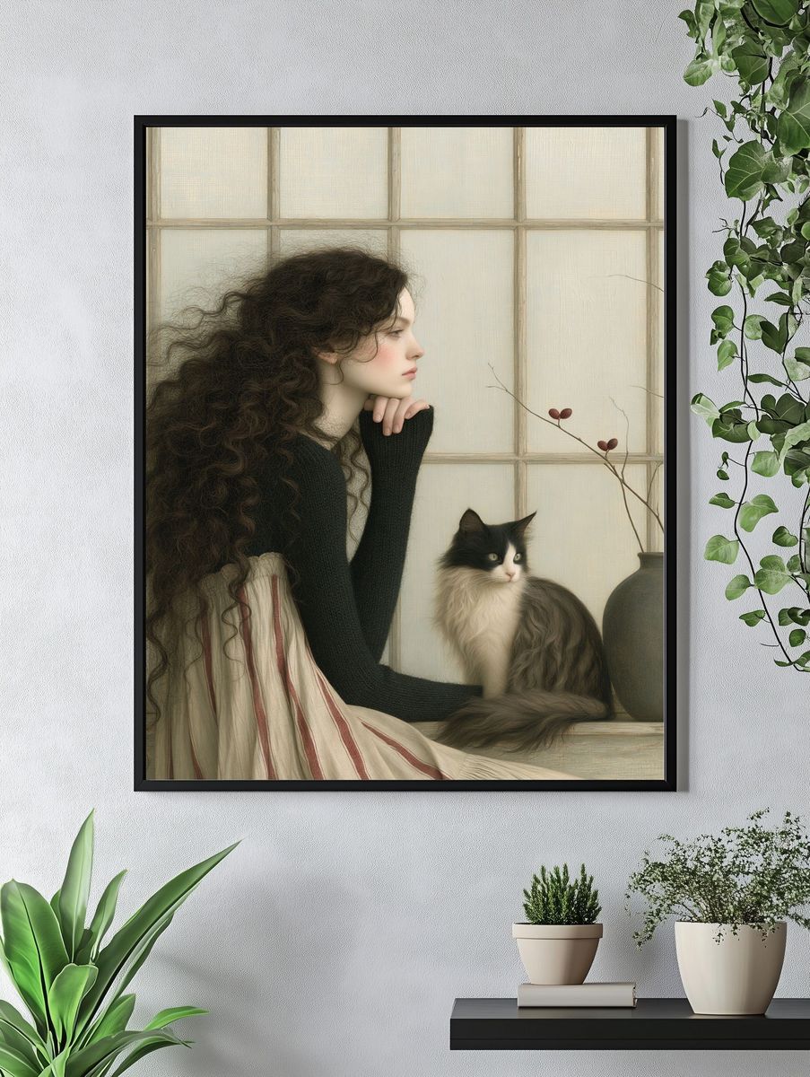 Girl and Cat Portrait Print. — room view 4