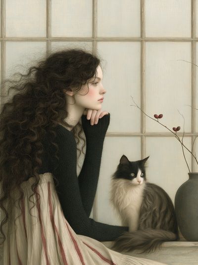Girl and Cat Portrait Print. poster