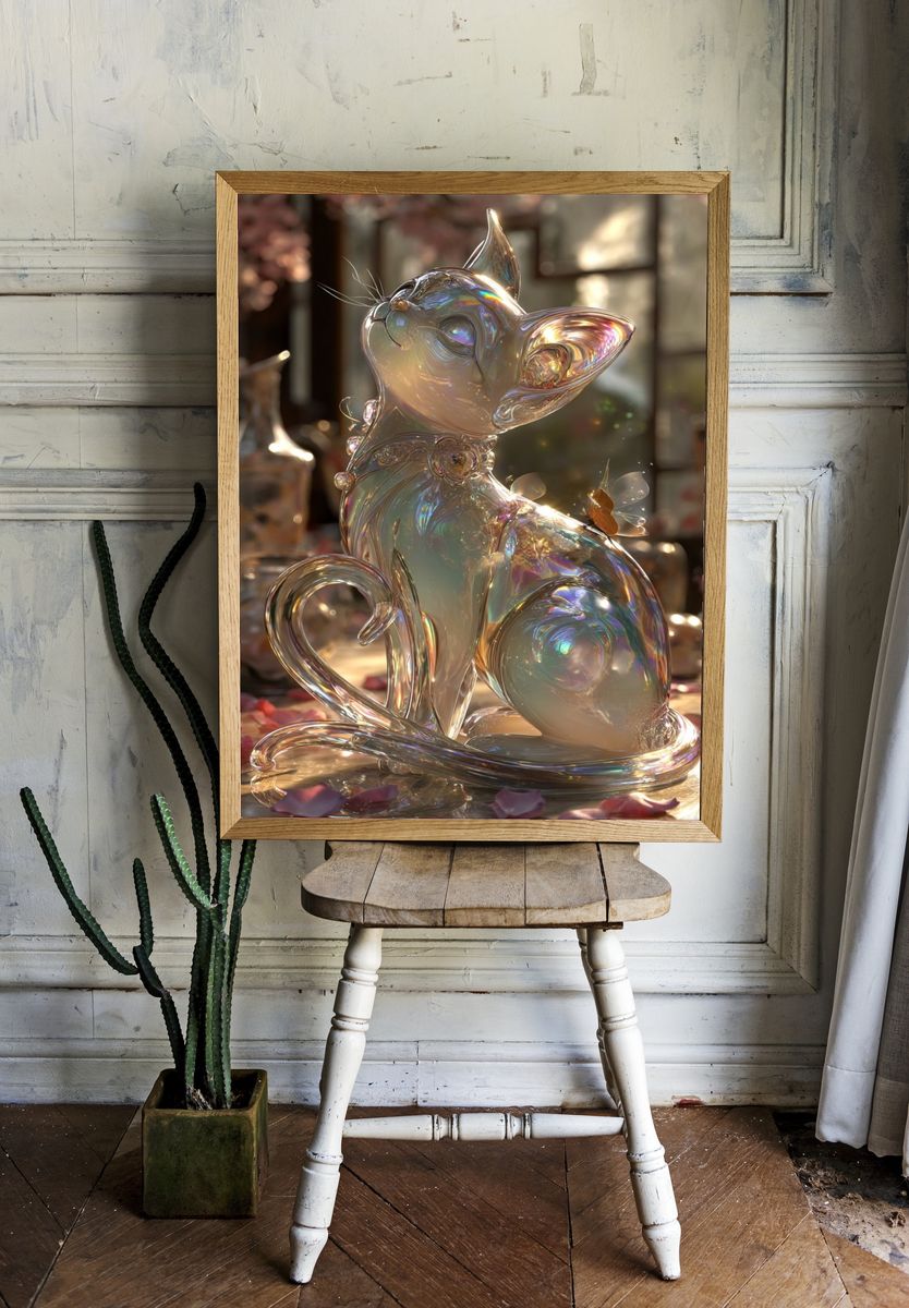 Glassy Cat Sculpture — Whimsical Art Print. — room view 1