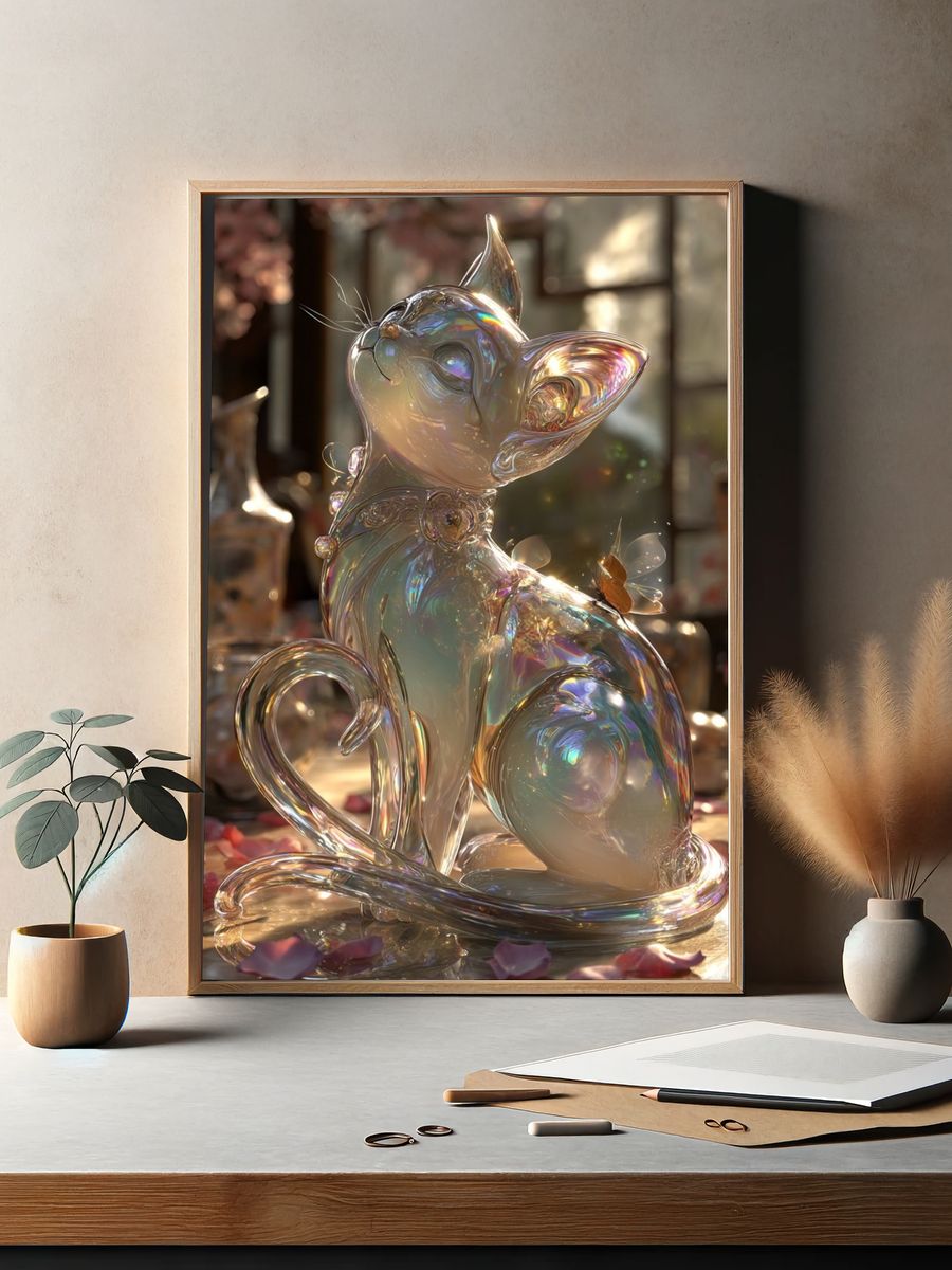 Glassy Cat Sculpture — Whimsical Art Print. — room view 2