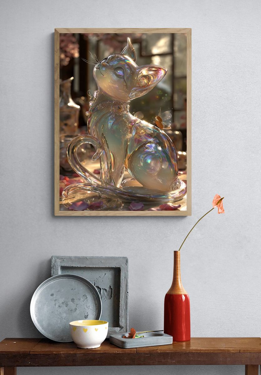Glassy Cat Sculpture — Whimsical Art Print. — room view 3