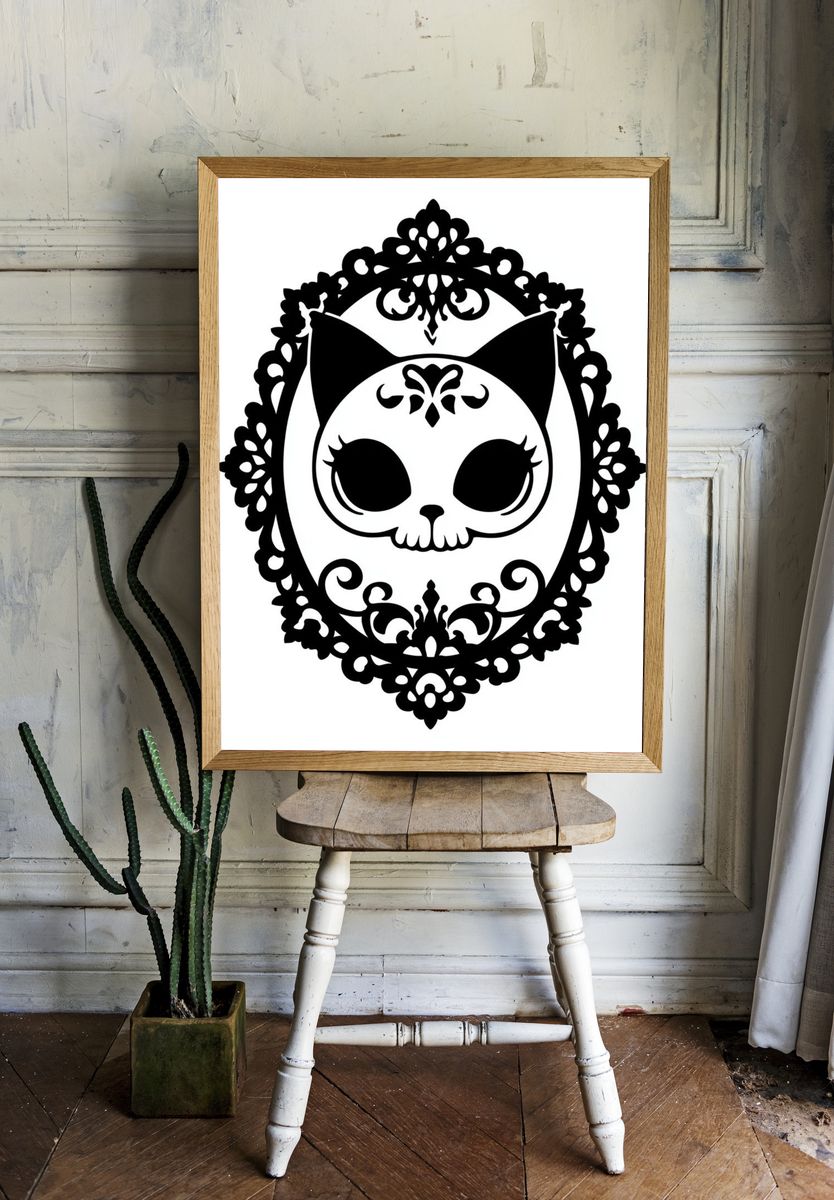 Gothic Cat Skull Typography Print. room preview