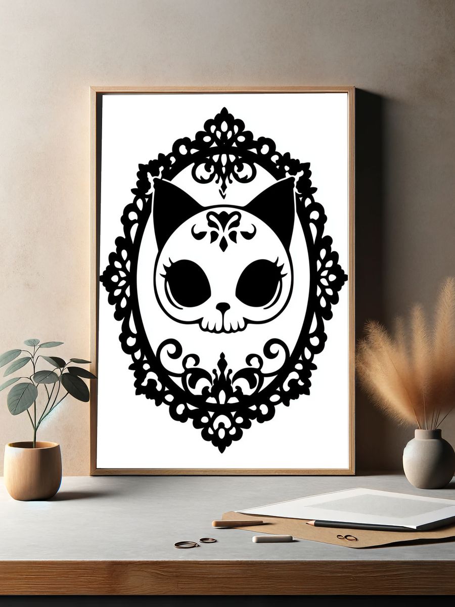 Gothic Cat Skull Typography Print. — room view 2