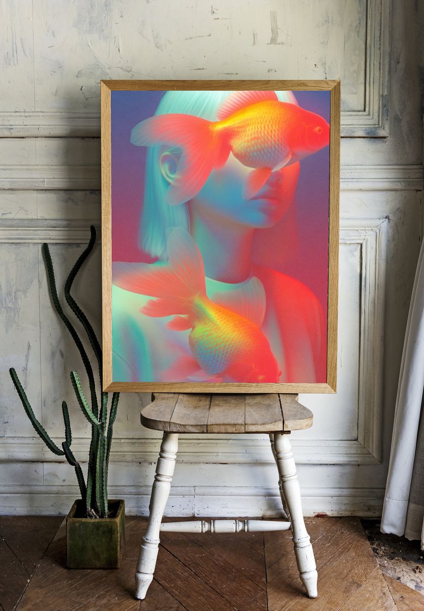 Surreal Goldfish Portrait Poster. — room view 1