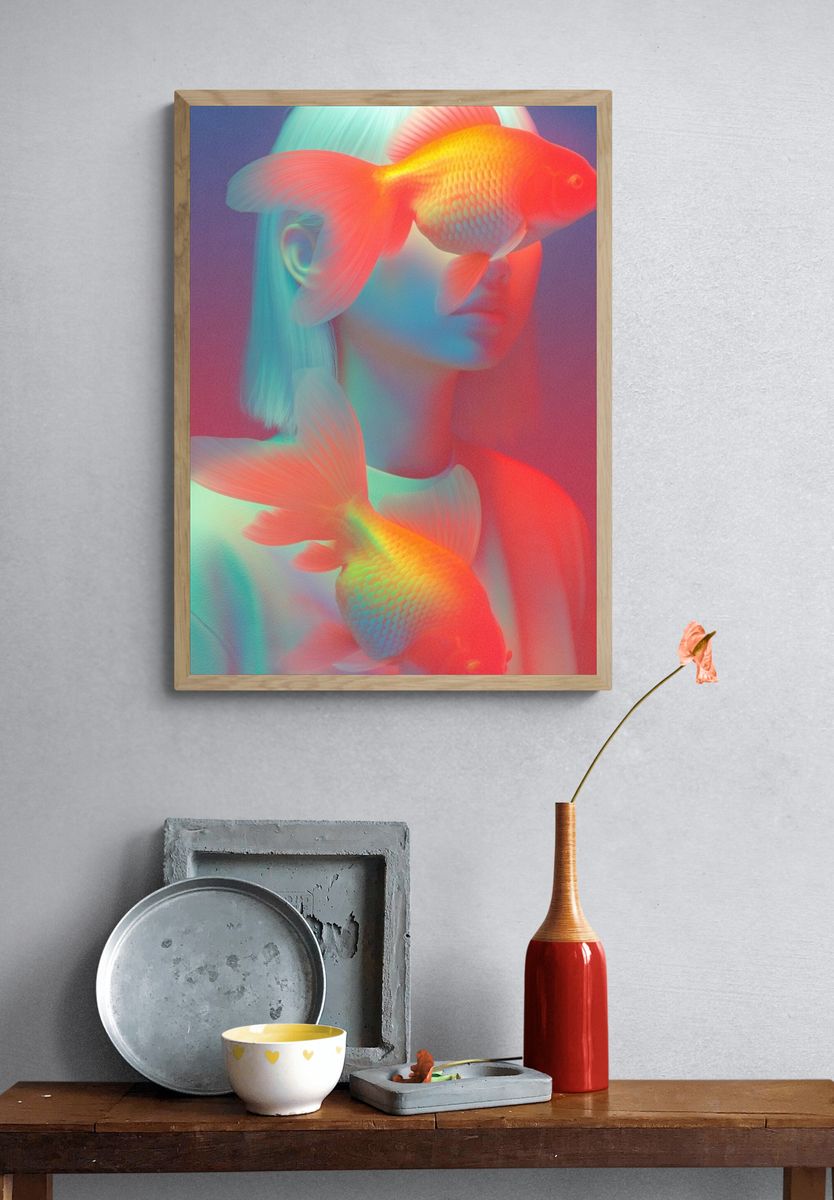 Surreal Goldfish Portrait Poster. — room view 3