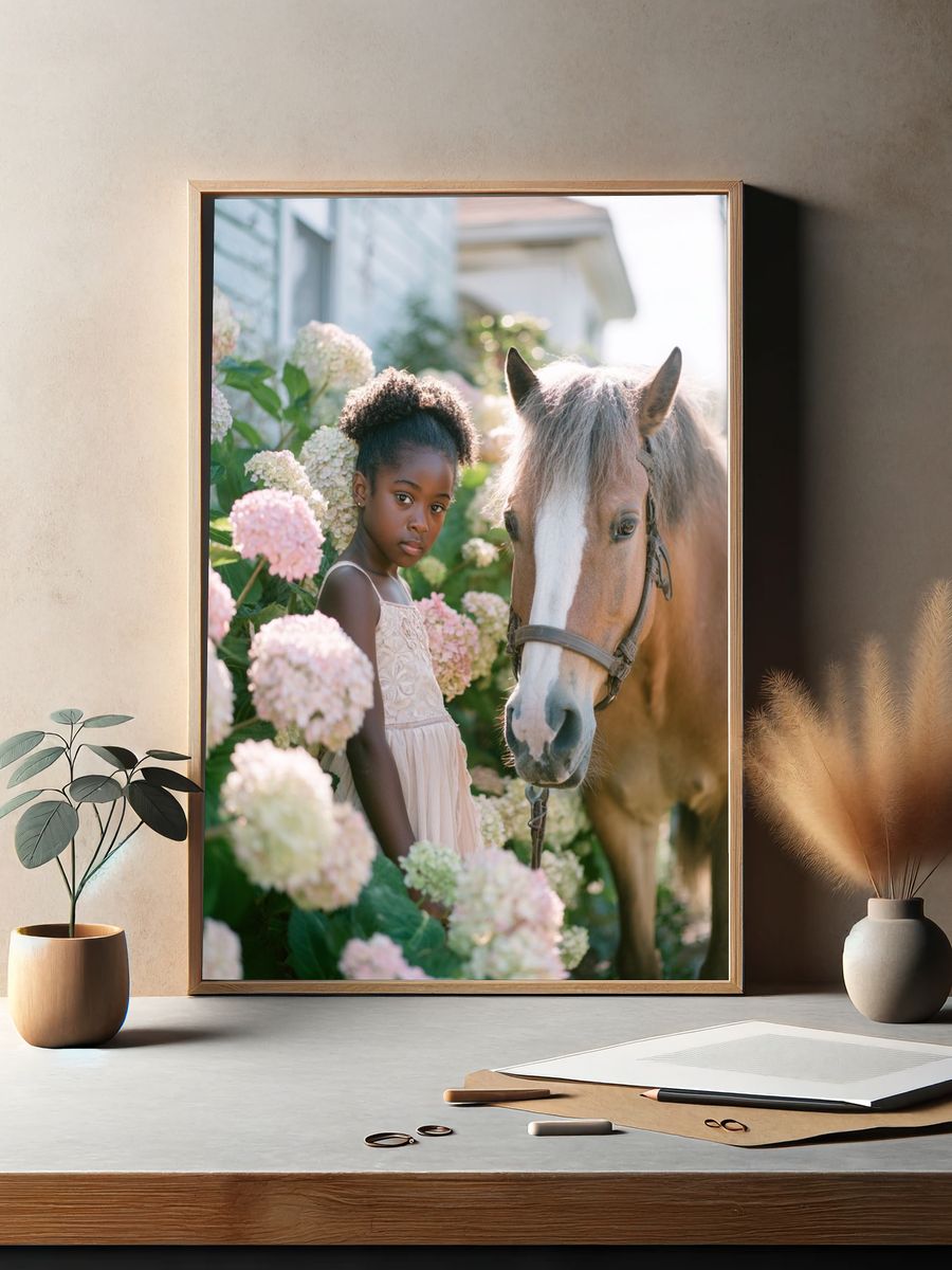 Girl and Horse Garden Portrait Poster. — room view 2