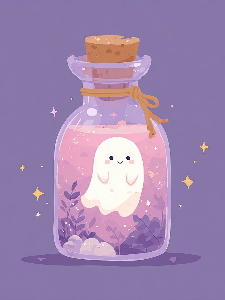 Cute Ghost in a Bottle — Illustration Print. poster — illustration art