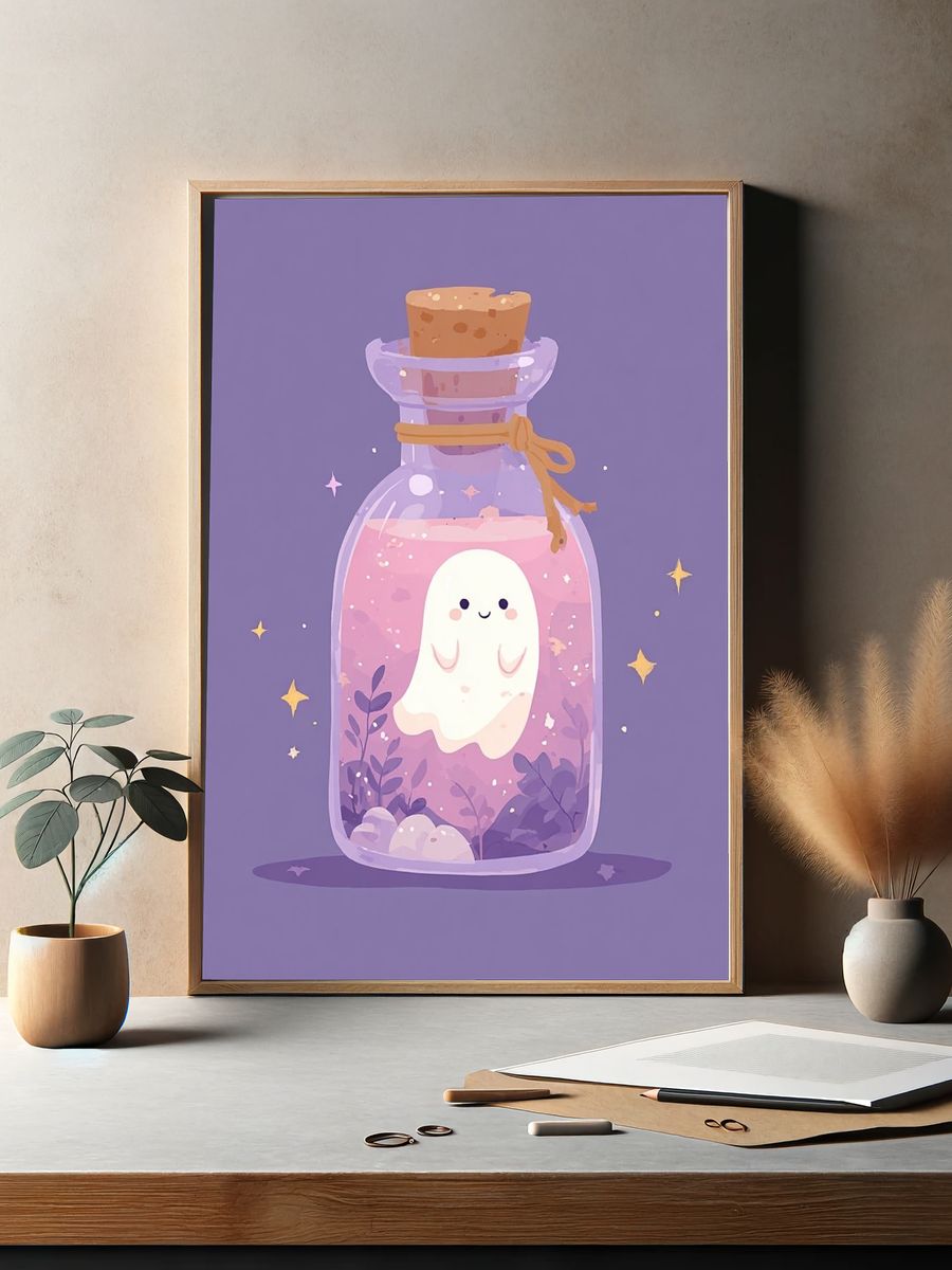 Cute Ghost in a Bottle — Illustration Print. — room view 2