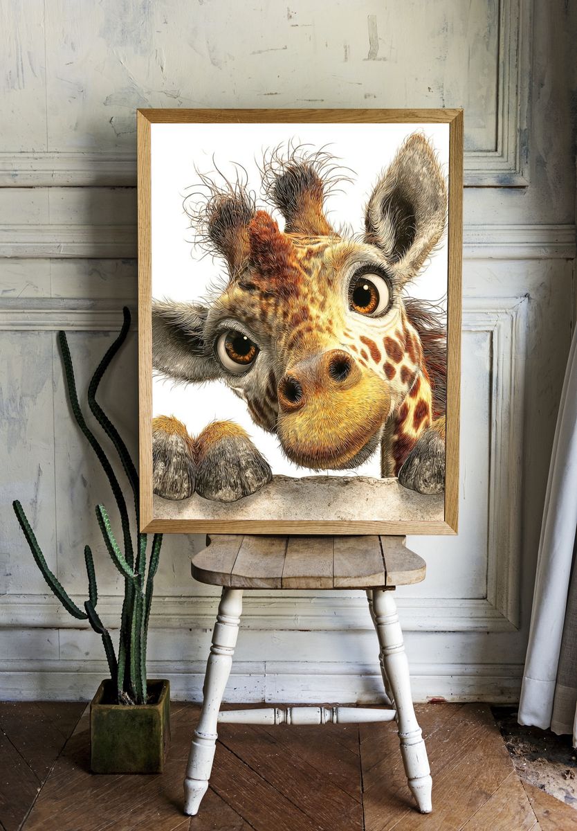 Playful Giraffe Illustration Poster. — room view 1