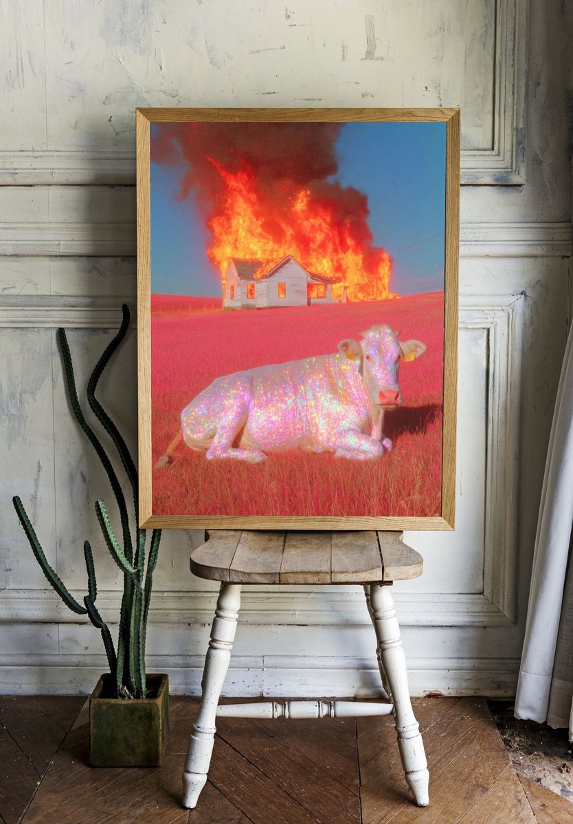 Glittering Cow in Fiery Landscape Poster. — room view 1