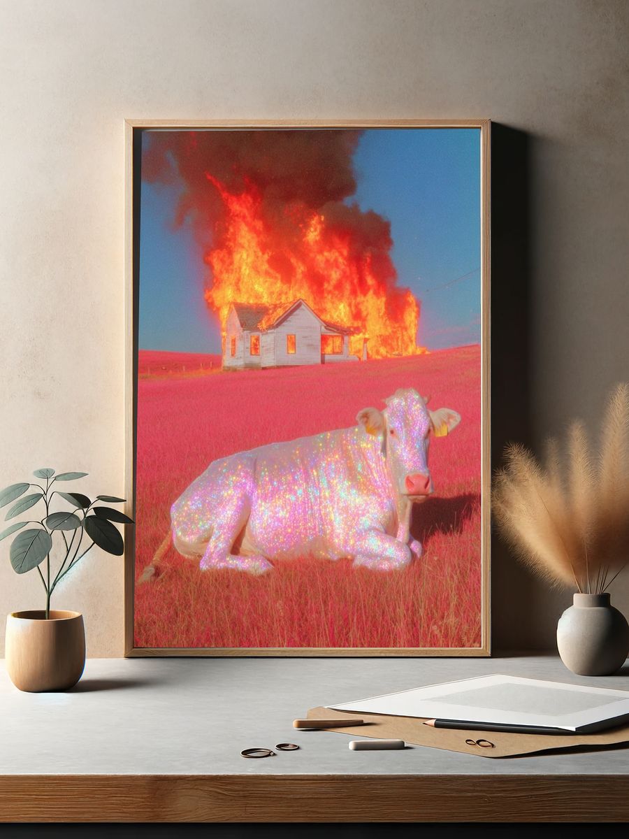 Glittering Cow in Fiery Landscape Poster. — room view 2