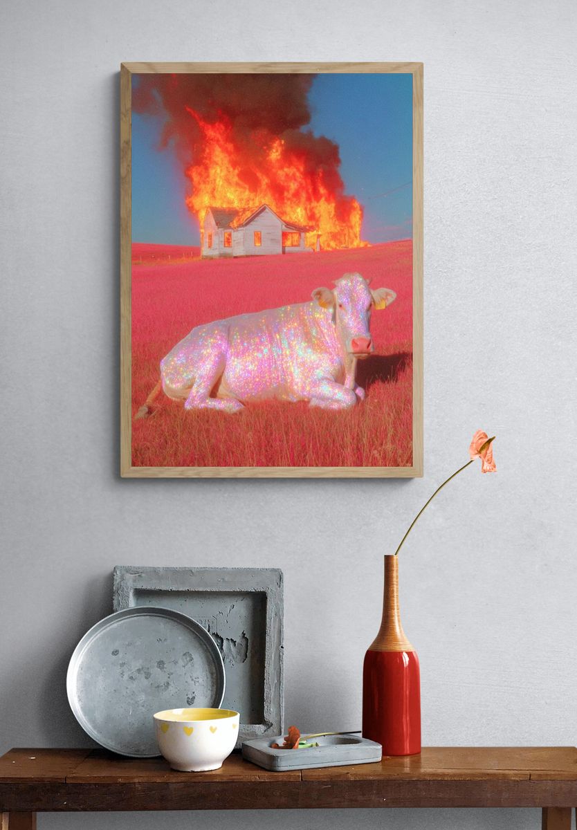 Glittering Cow in Fiery Landscape Poster. — room view 3