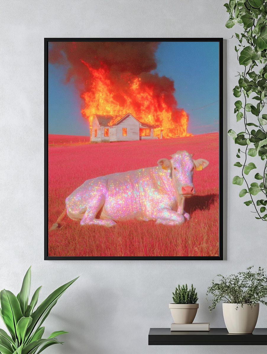 Glittering Cow in Fiery Landscape Poster. — room view 4