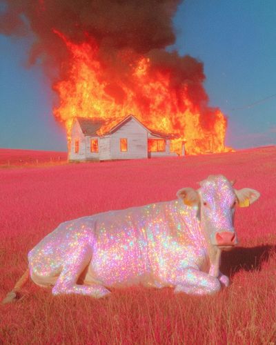 Glittering Cow in Fiery Landscape Poster. poster print