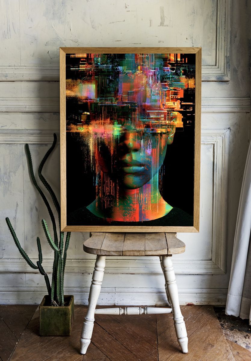 Glitch Portrait Digital Art Poster. room preview