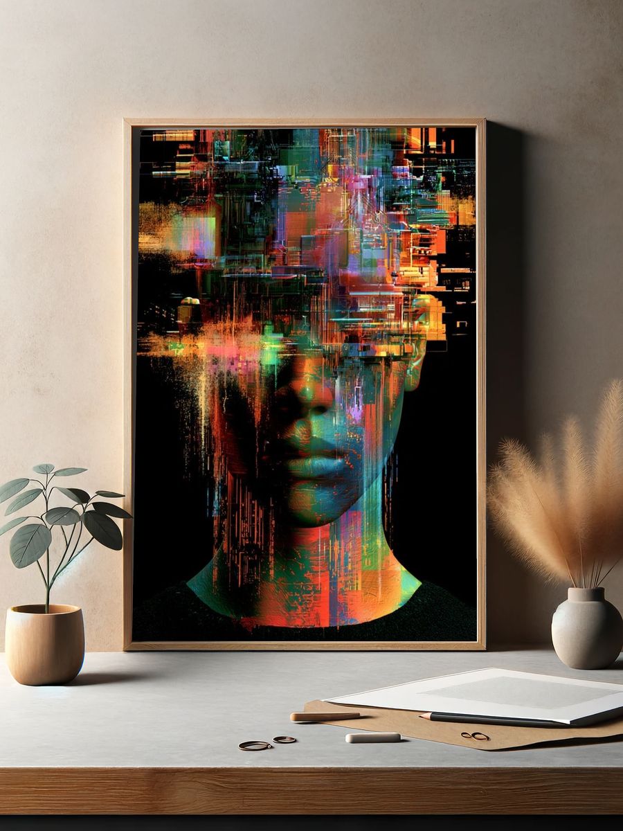 Glitch Portrait Digital Art Poster. — room view 2
