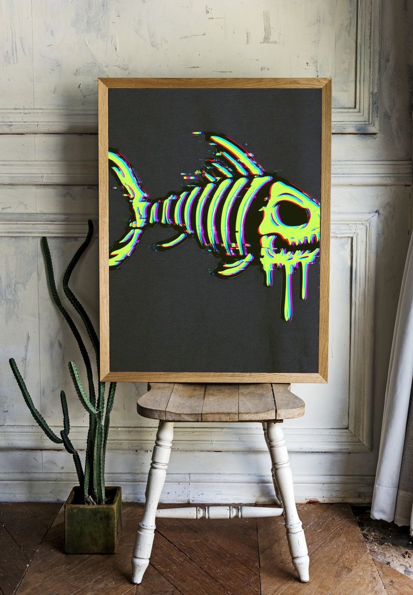 Glitch Skeleton Fish Illustration Poster. room preview