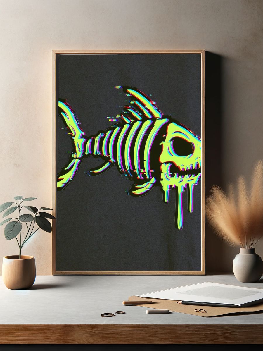 Glitch Skeleton Fish Illustration Poster. — room view 2