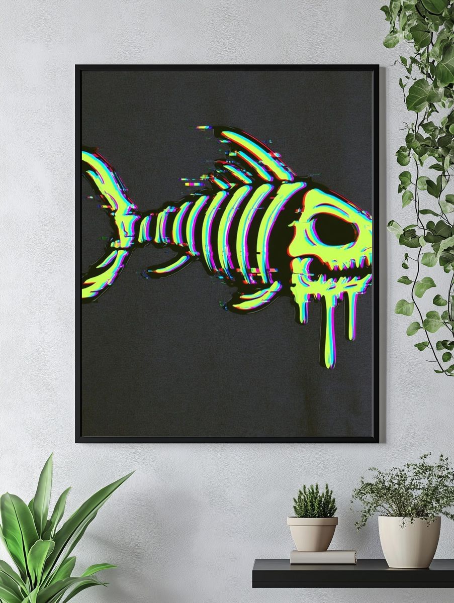 Glitch Skeleton Fish Illustration Poster. — room view 4