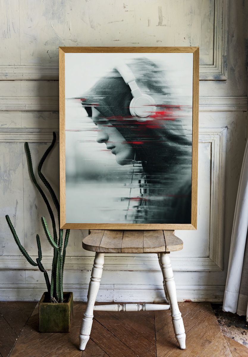 Glitch Headphones Portrait Print. — room view 1