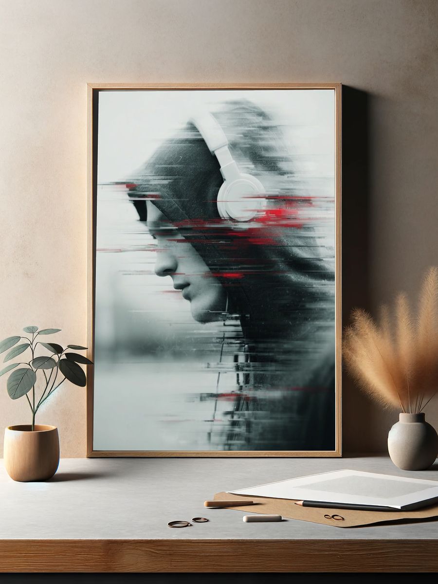 Glitch Headphones Portrait Print. — room view 2