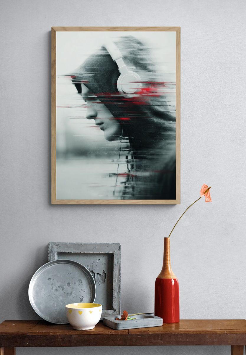 Glitch Headphones Portrait Print. — room view 3