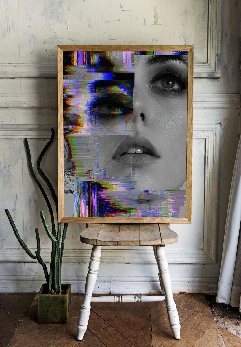 Glitch Portrait Digital Art Poster. room preview