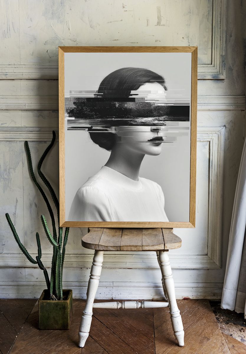 Glitch Portrait Black-White Poster. — room view 1