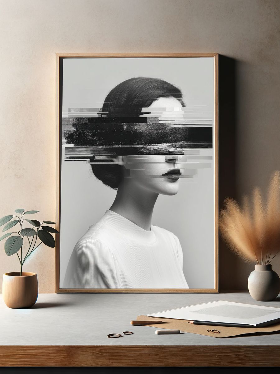 Glitch Portrait Black-White Poster. — room view 2