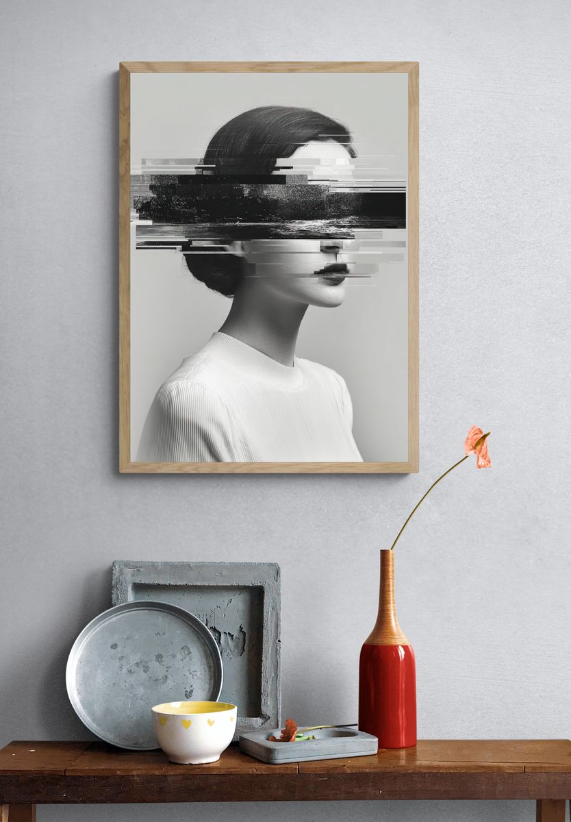 Glitch Portrait Black-White Poster. — room view 3