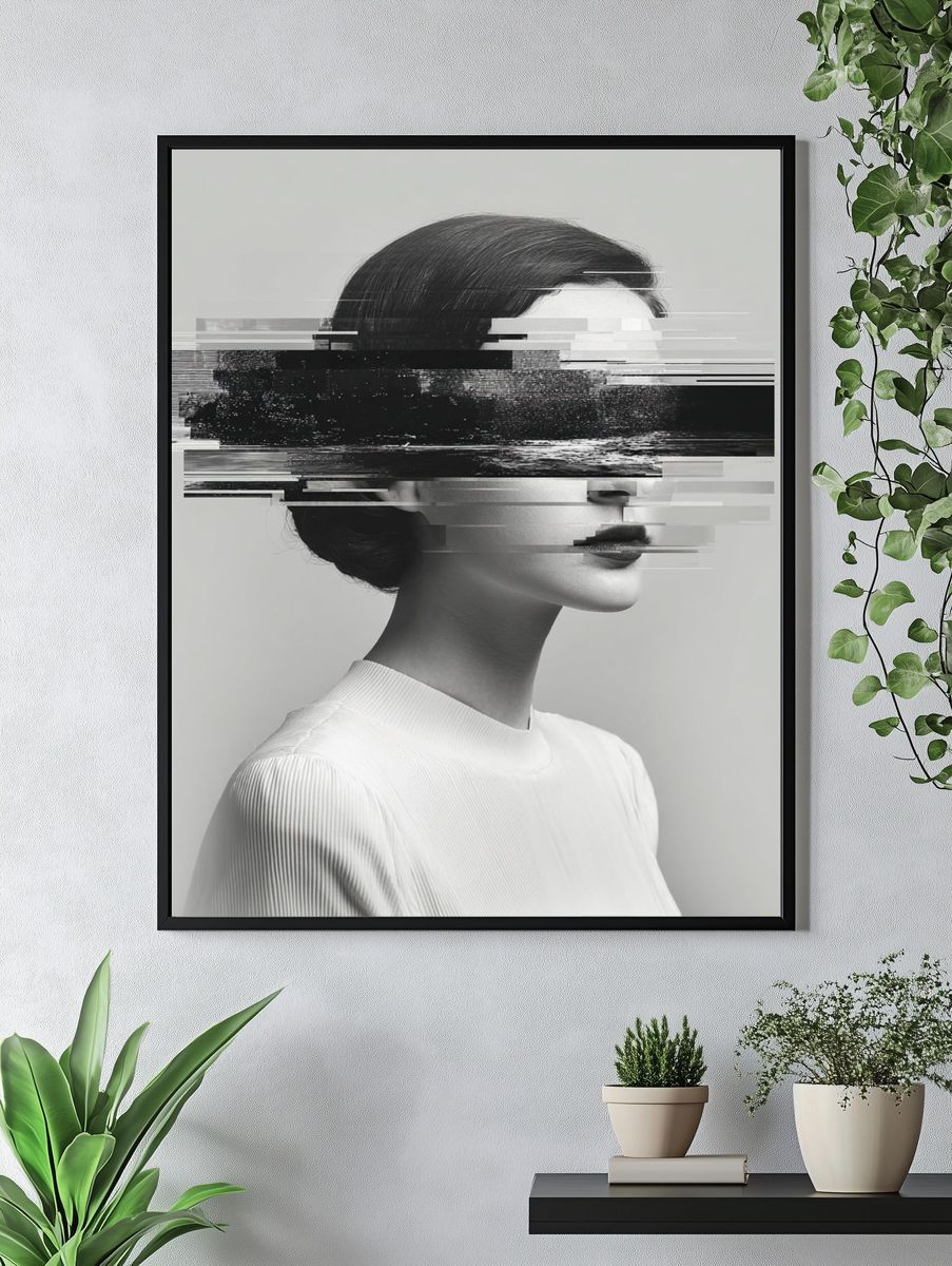 Glitch Portrait Black-White Poster. — room view 4
