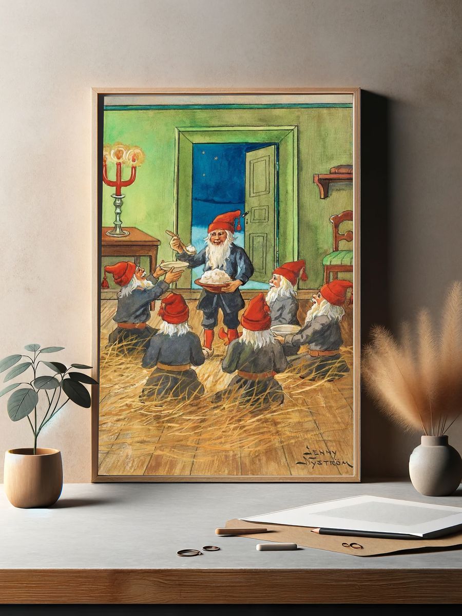 Gnomes Celebrating with Cake — Vintage Print. — room view 2