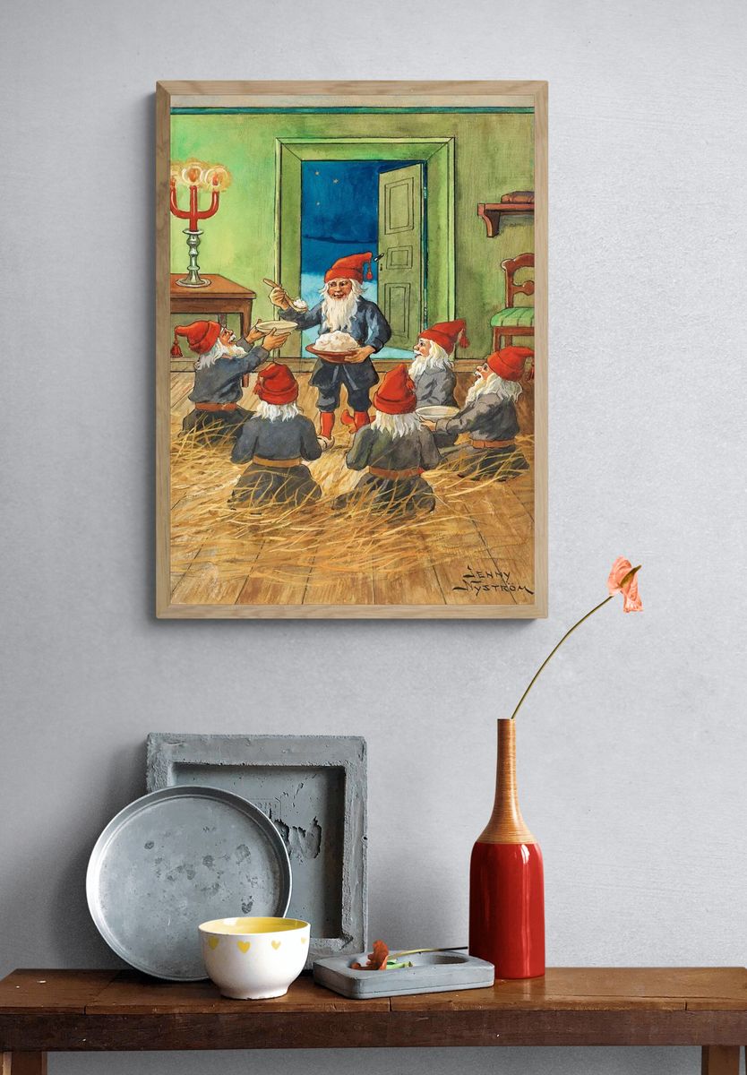 Gnomes Celebrating with Cake — Vintage Print. — room view 3