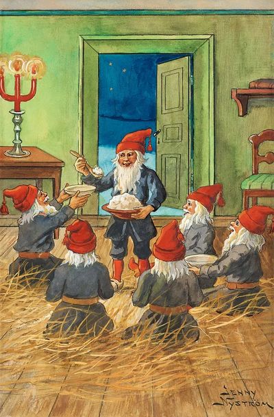 Gnomes Celebrating with Cake — Vintage Print.