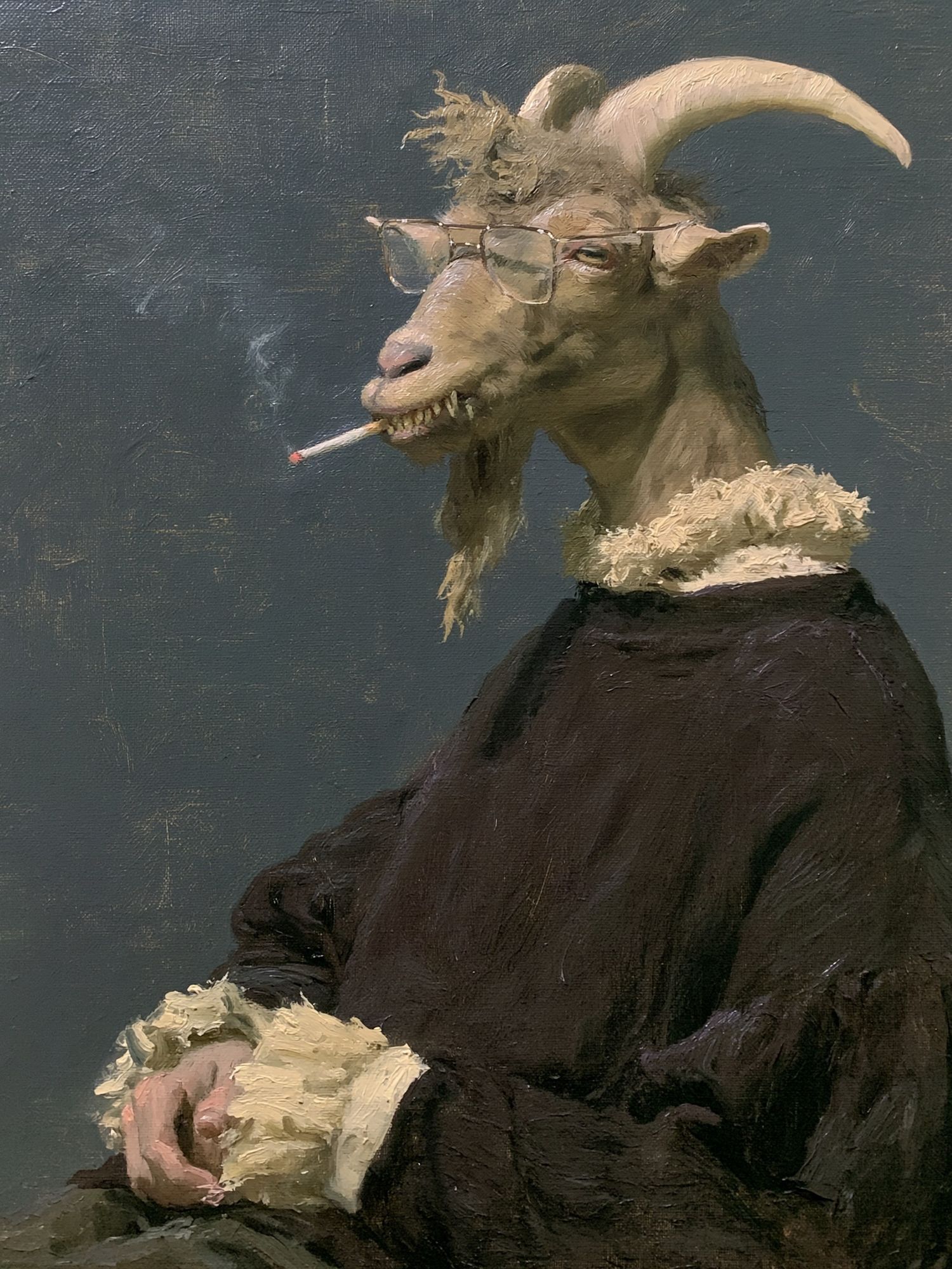 Smoking Goat Portrait Print. poster — fine-art art