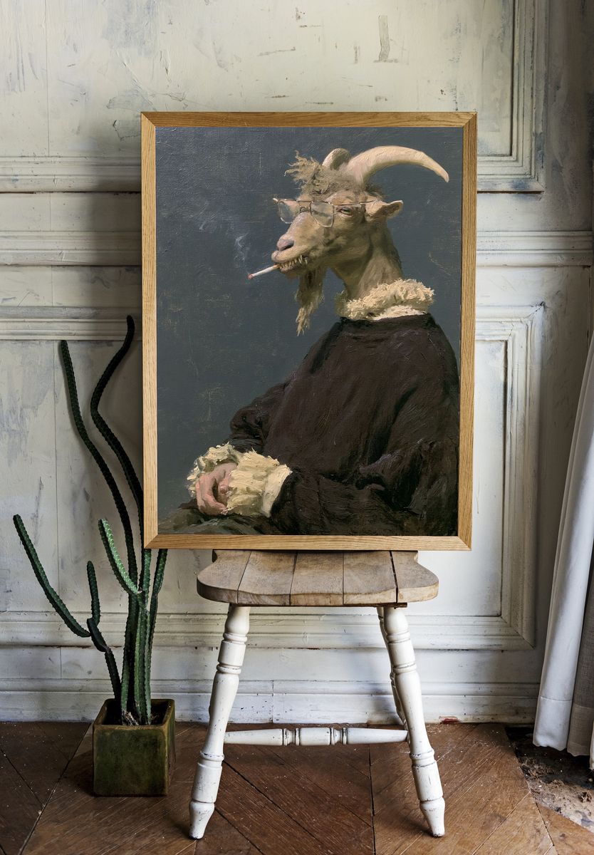 Smoking Goat Portrait Print. room preview