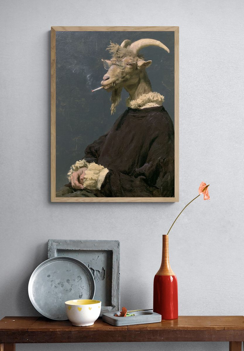 Smoking Goat Portrait Print. — room view 3