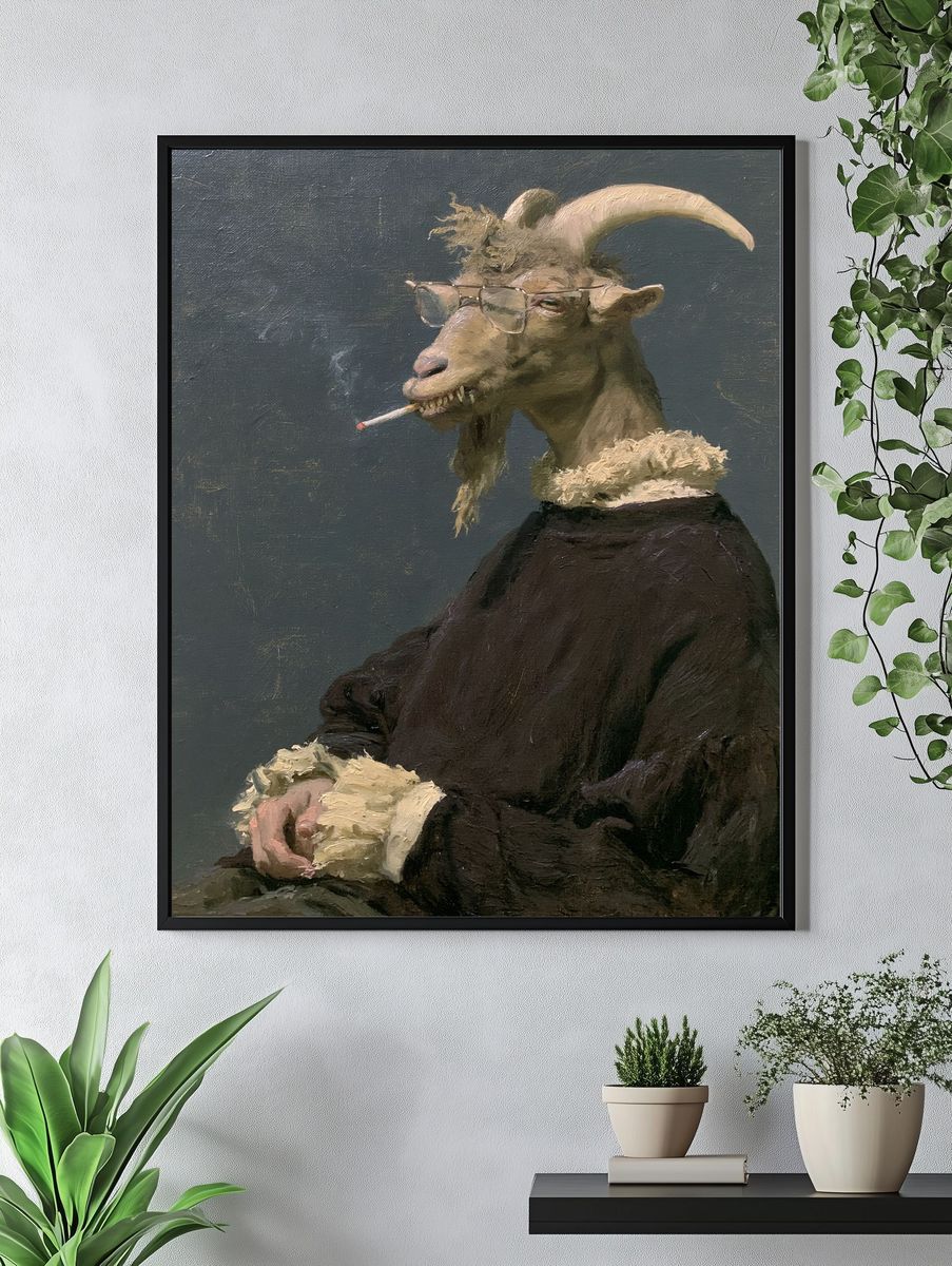 Smoking Goat Portrait Print. — room view 4