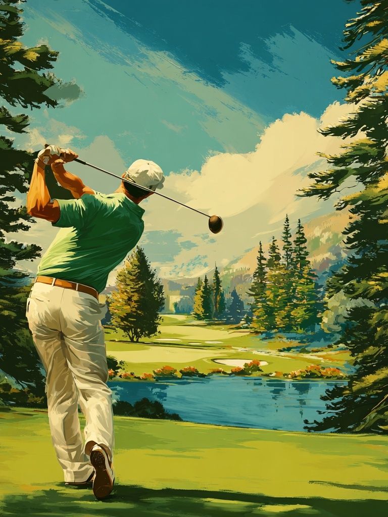 Golfer Swinging — Vintage Print. poster detail