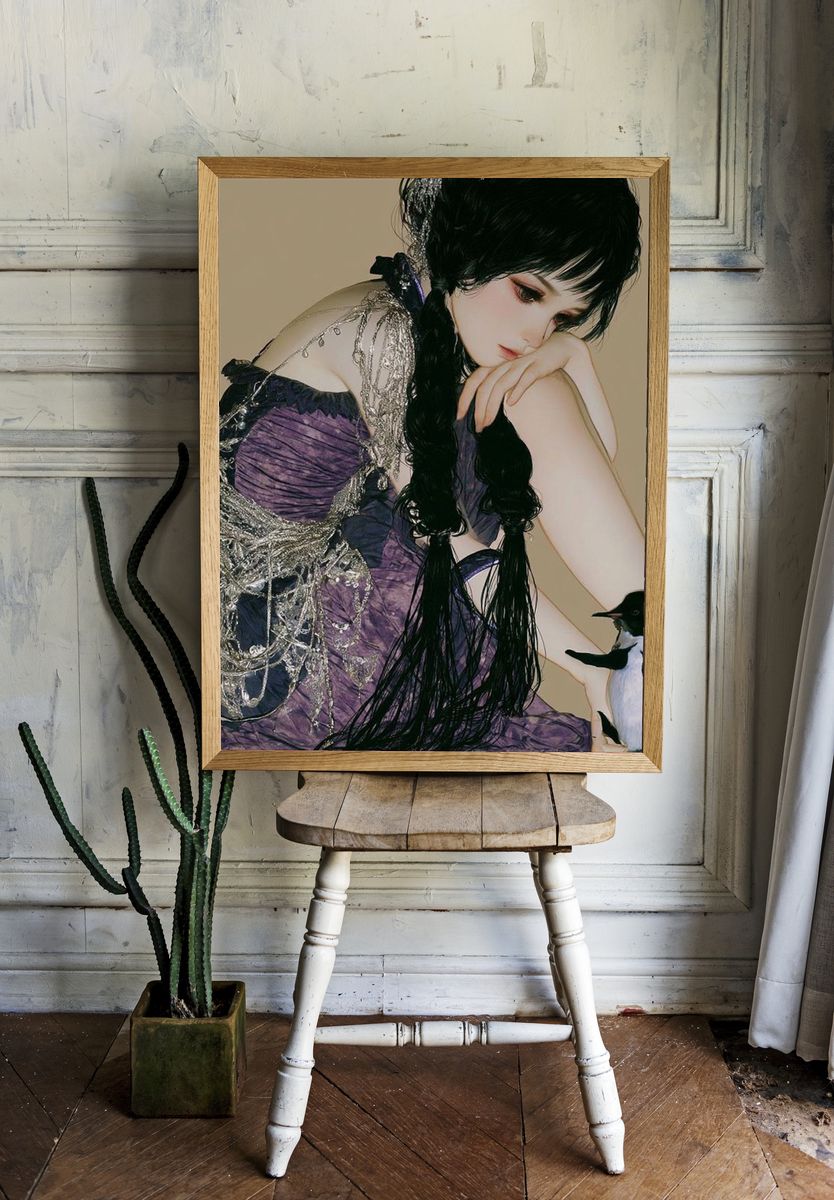 Gothic Girl with Penguin Photography Poster. — room view 1