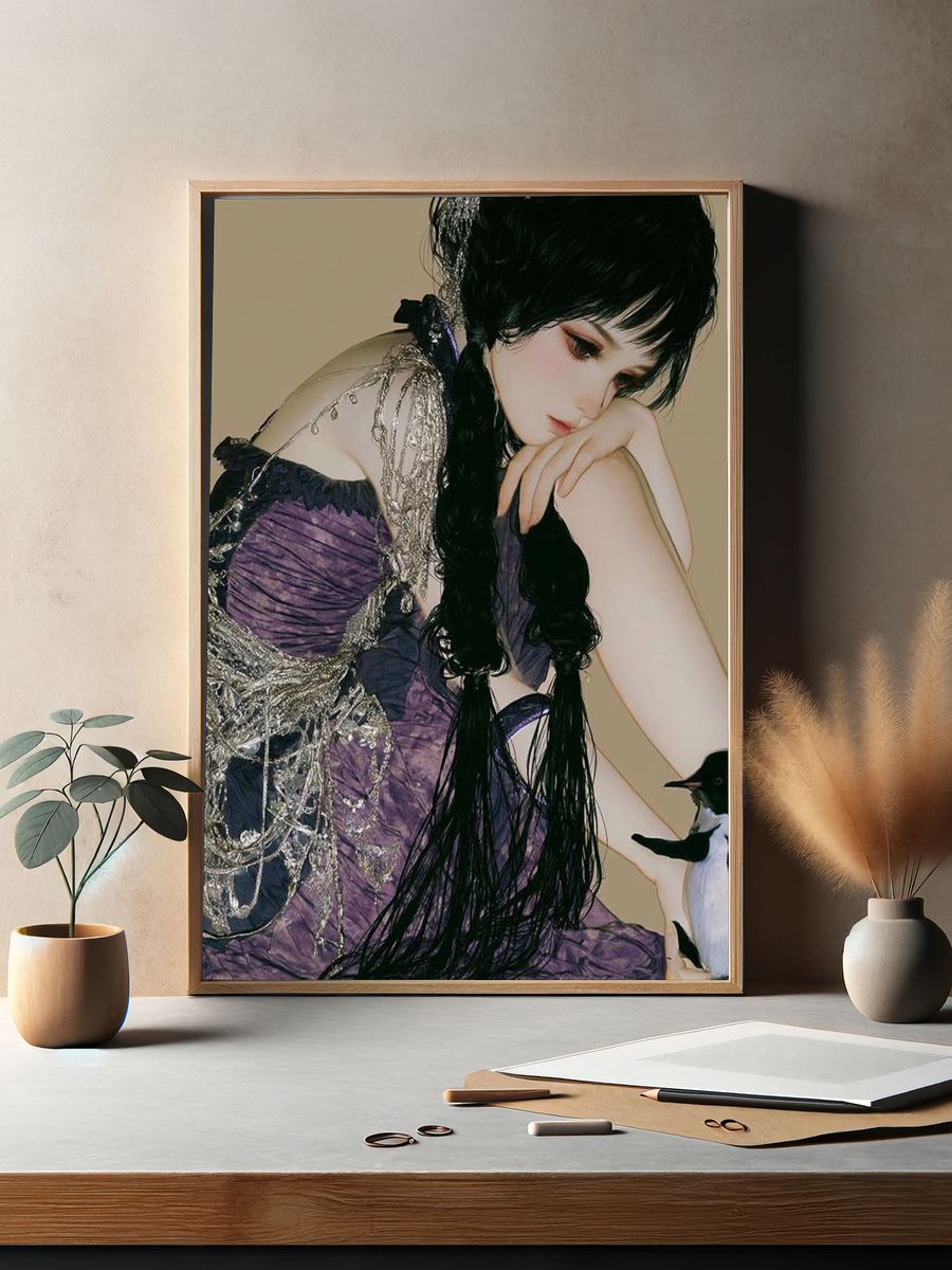 Gothic Girl with Penguin Photography Poster. — room view 2