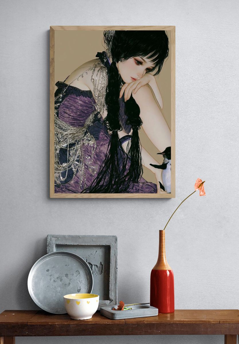 Gothic Girl with Penguin Photography Poster. — room view 3