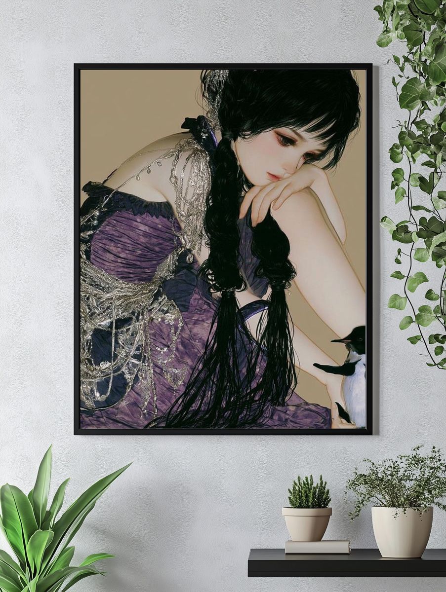 Gothic Girl with Penguin Photography Poster. — room view 4