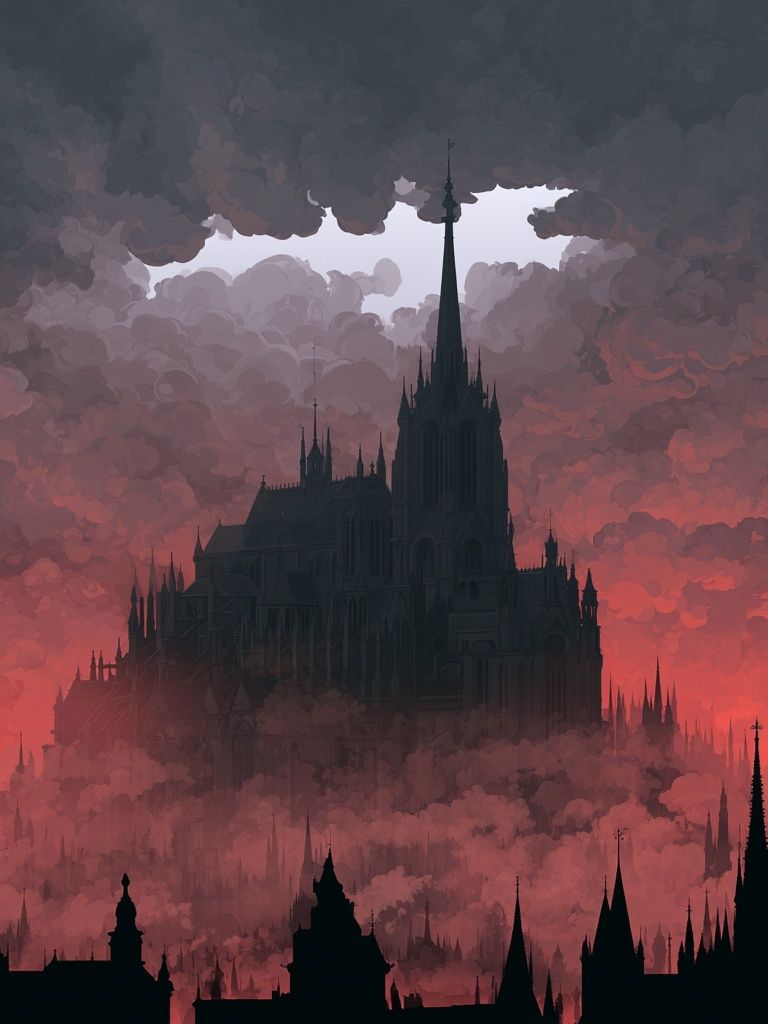 Gothic Cathedral in Crimson Clouds Poster. poster detail