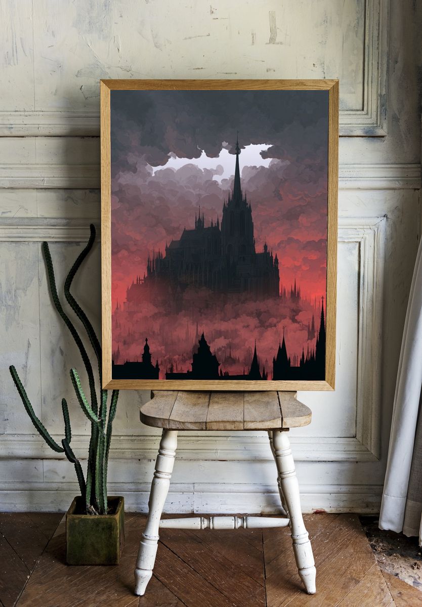 Gothic Cathedral in Crimson Clouds Poster. room preview