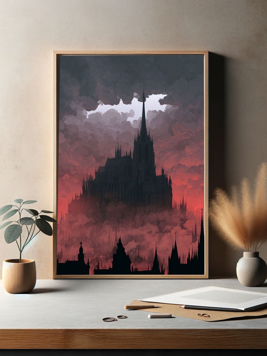 Gothic Cathedral in Crimson Clouds Poster. — room view 2