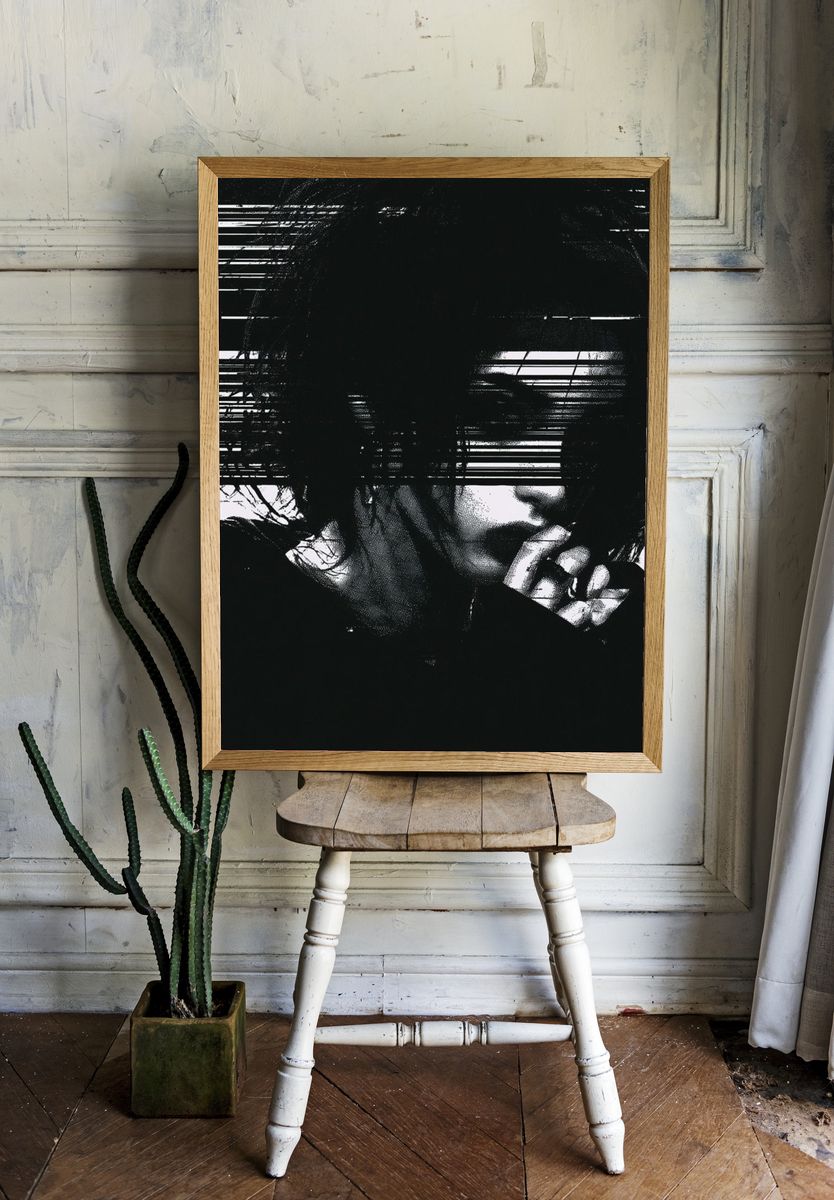 Glitch Portrait Black-White Print. room preview