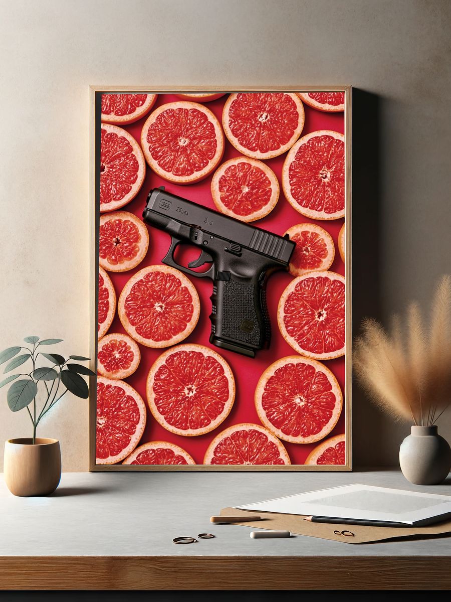 Grapefruit and Pistol Surreal Print. — room view 2