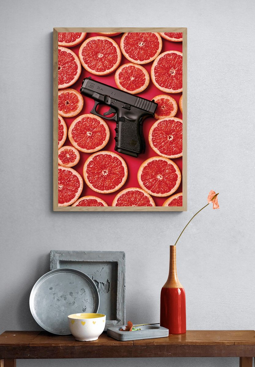 Grapefruit and Pistol Surreal Print. — room view 3
