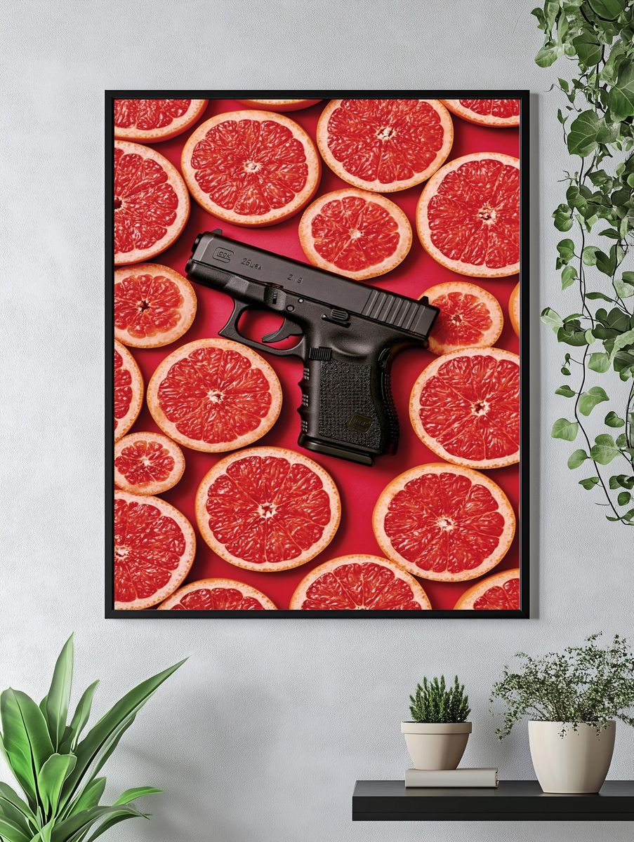 Grapefruit and Pistol Surreal Print. — room view 4